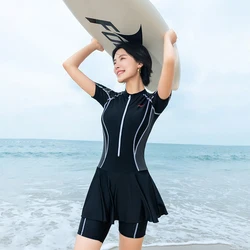 One Piece Swimsuit With Skirt Plus Size Swimwear Women Zipper Short Sleeve Swimming Suit Conservative Beach Wear Rashguard