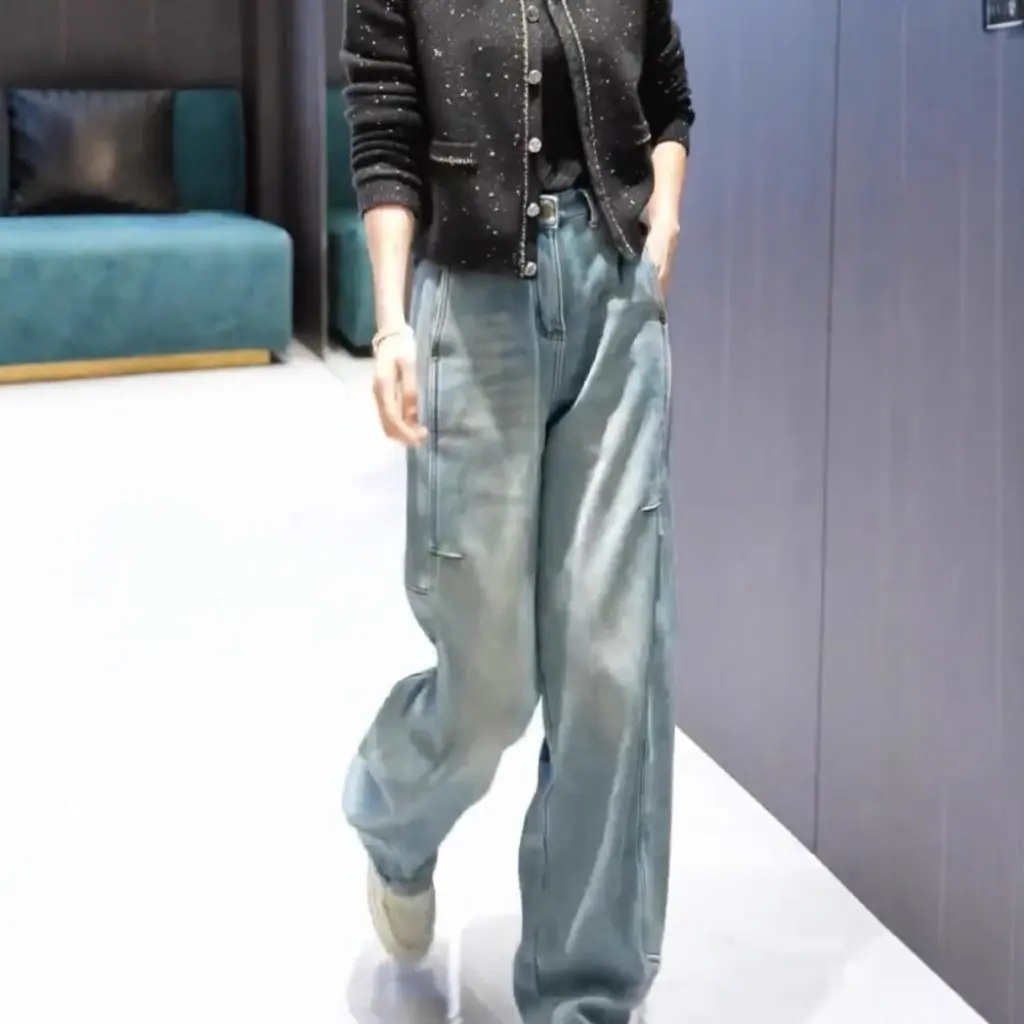 

Голубые джинсы в стиле ретро на флисовой подкладке, женские осенне-зимние утолщенные повседневные прямые брюки-мачете в стиле банана