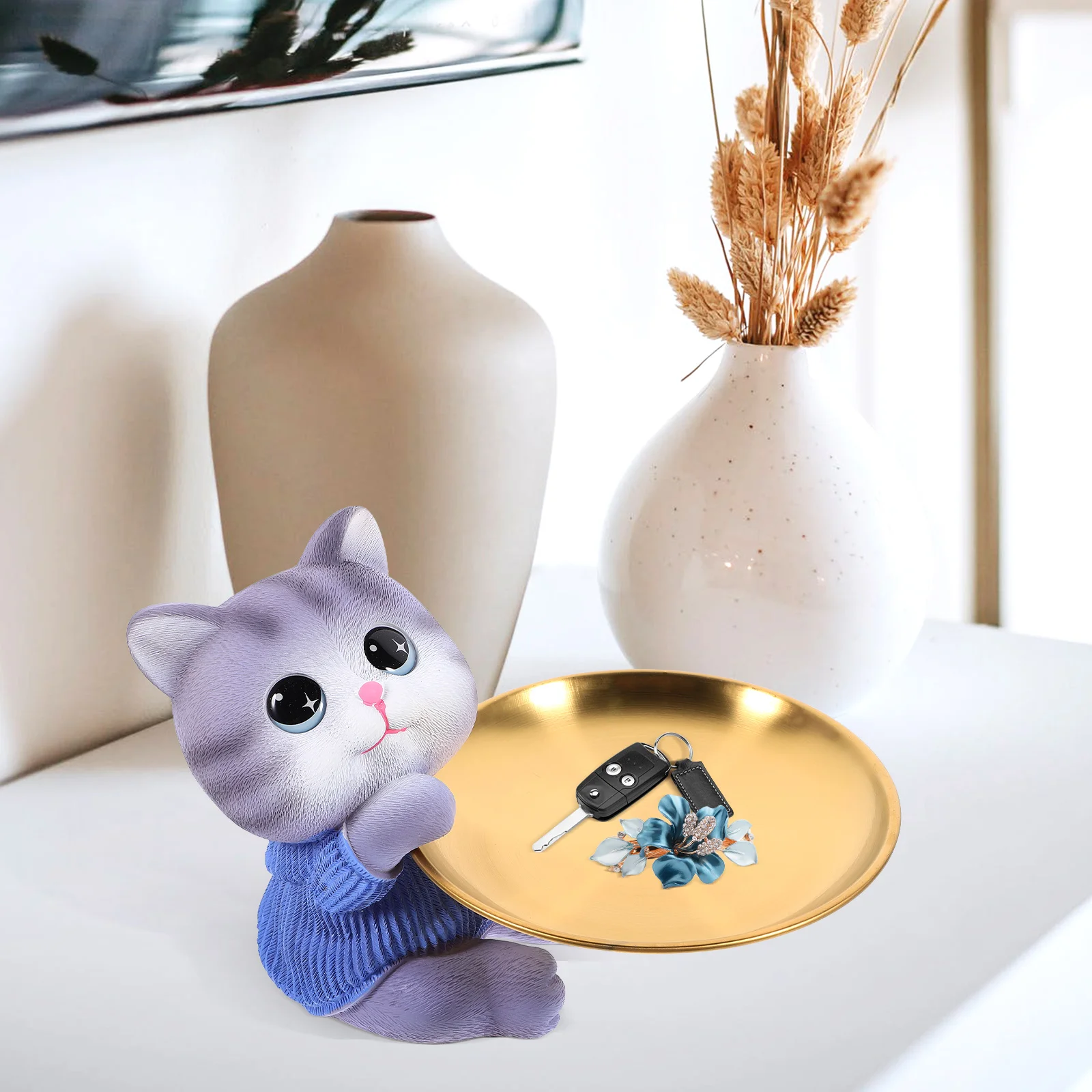 

Cat Shaped Tray for Keys Jewelry Desktop ganizer Stainless Steel Serving Tray Stainless Steel Material Home Decor Cartoon Design
