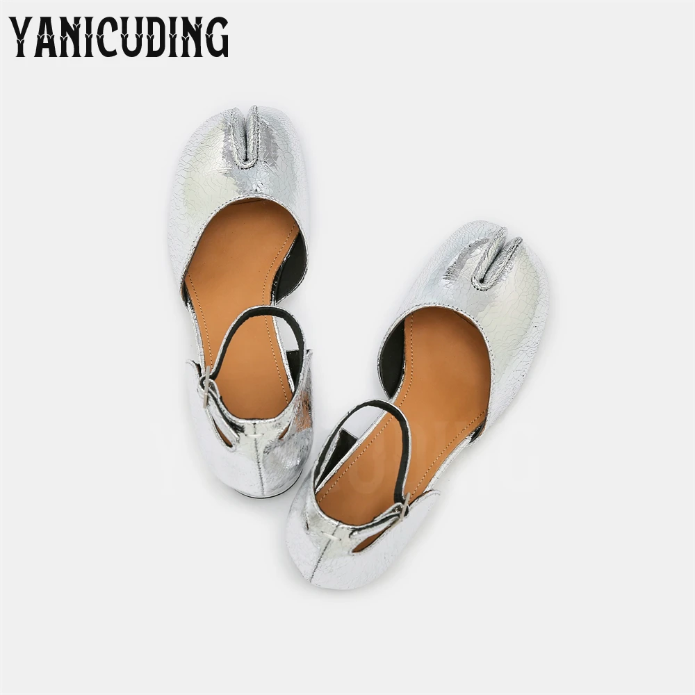 Silver Crackle Tabi Mary Jane Shoes Designer Style Buckle High Heels for Women Novelty Cylindrical Heel Handmade Split Toe Shoes