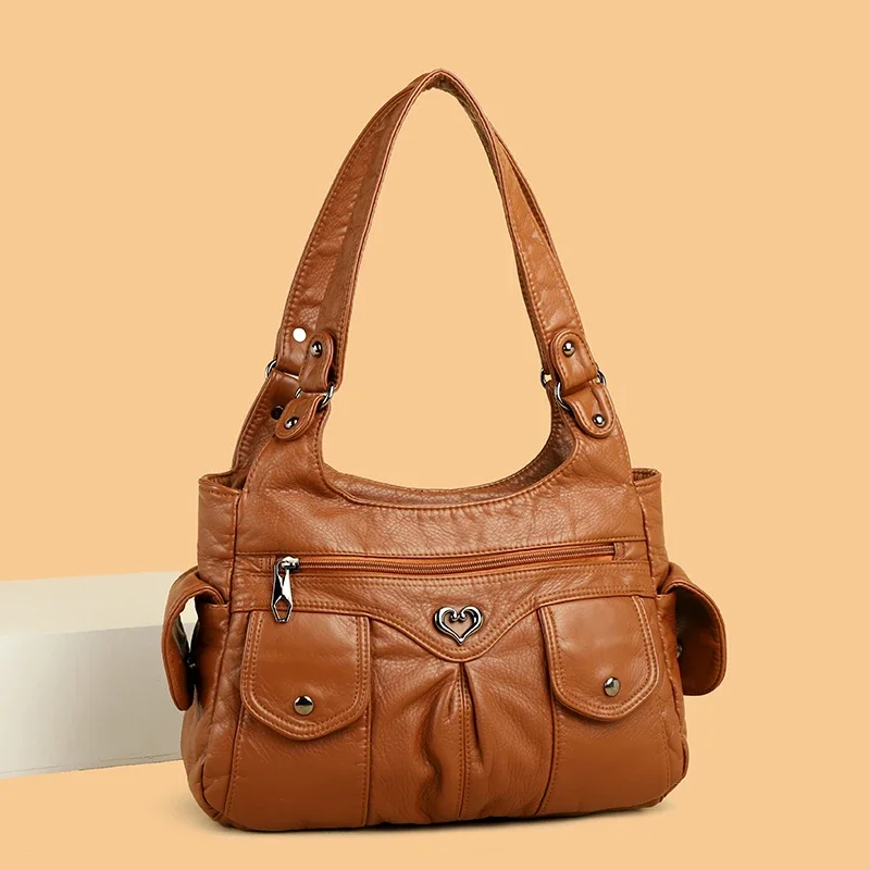 

2025 Retro Soft Leather Simple and Versatile Tote Bag Single Shoulder Handbag Multi Layer Casual Women's Mom Bag Sac Crossbody