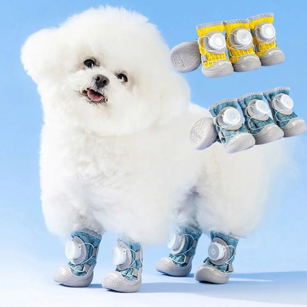 

4Pcs/Set Breathable Button Dog Shoes Anti-slip Reflective Dogs Mesh Shoes Soft Sole Comfortable Dog Paw Protectors for Cats Dogs