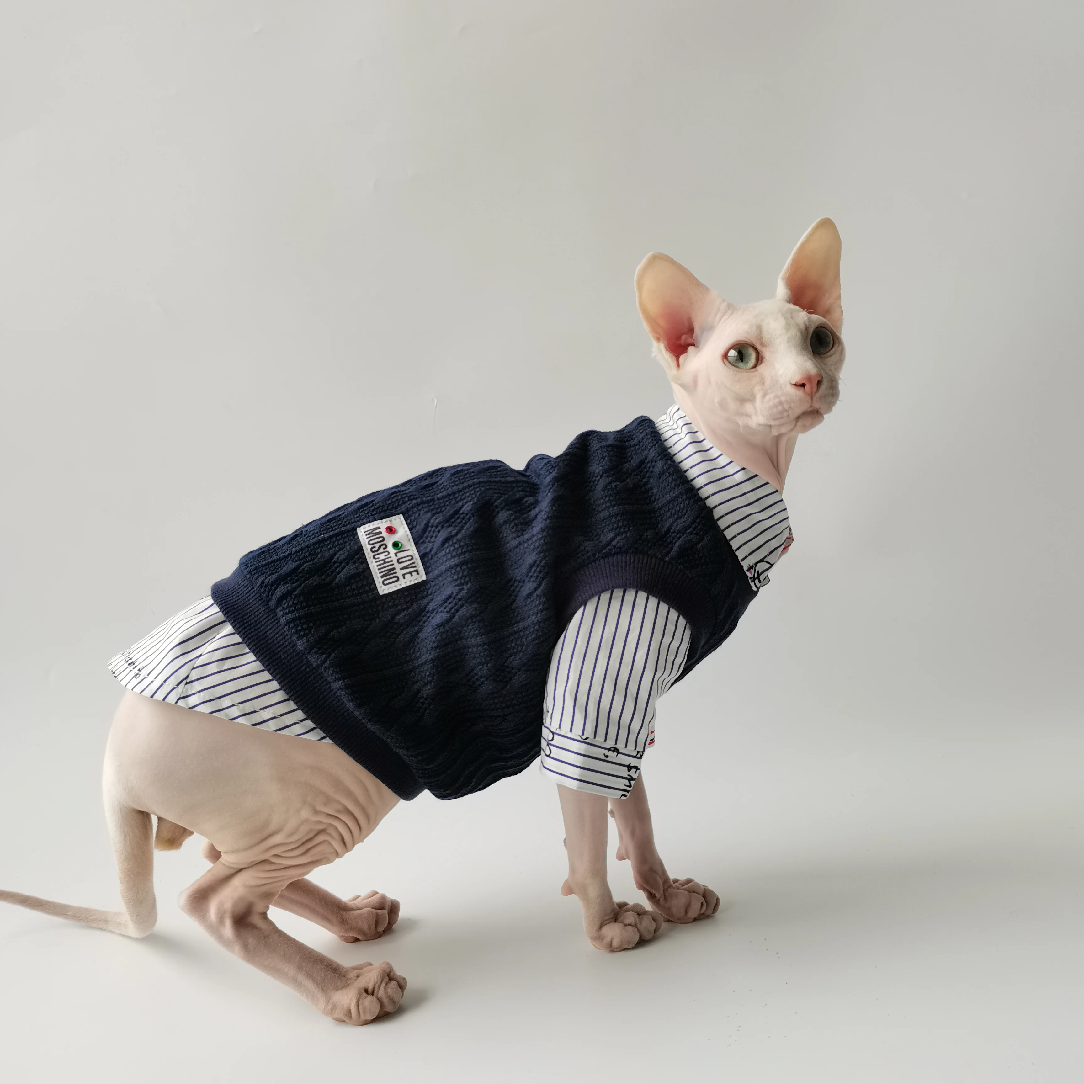 British Gentleman Style two-piece Set for Sphynx Cat Spring Autumn Shirt knitted Sweater Elegant Suit Green Blue Vest for Kitten view 4