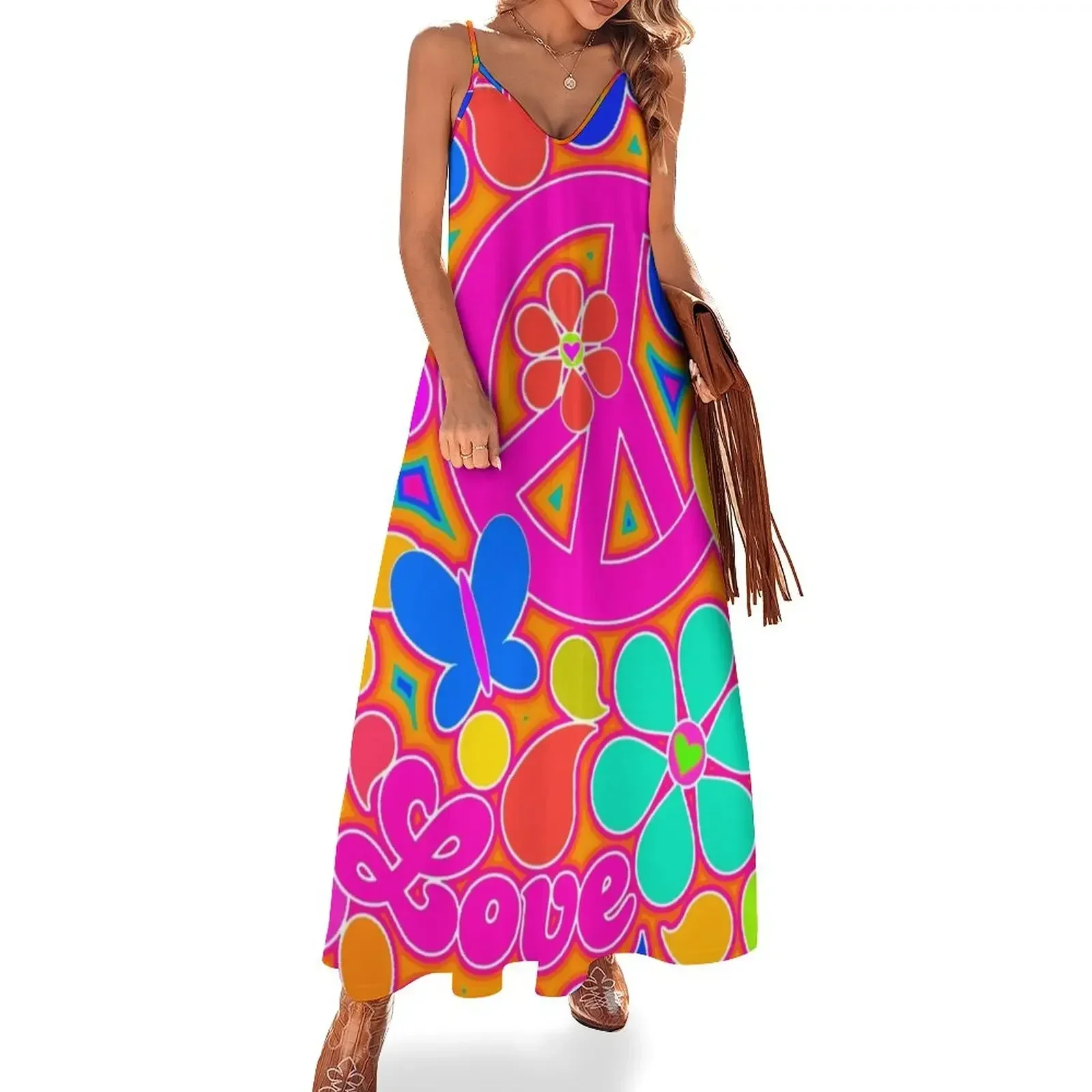 

Bright Pop Art Colorful Peace and Love Flower Power Art Sleeveless Dress summer dress womens 2025 sexy dress