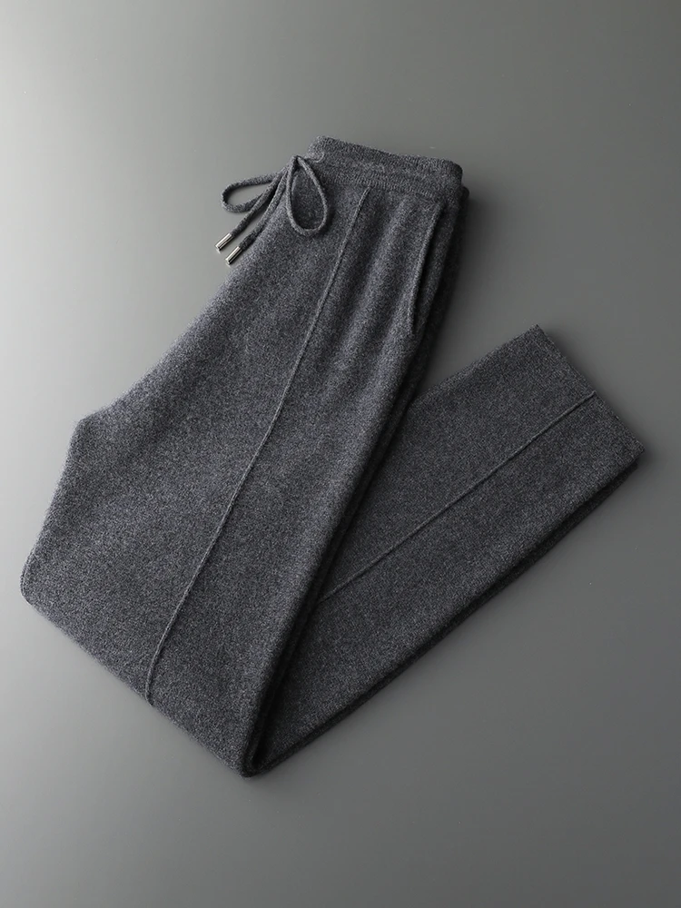 Men Cashmere Casual Pants Autumn Winter Thick Mid Seam Trousers 100% Cashmere Knitwear Solid Pockets Elastic Waist Pencil Pants