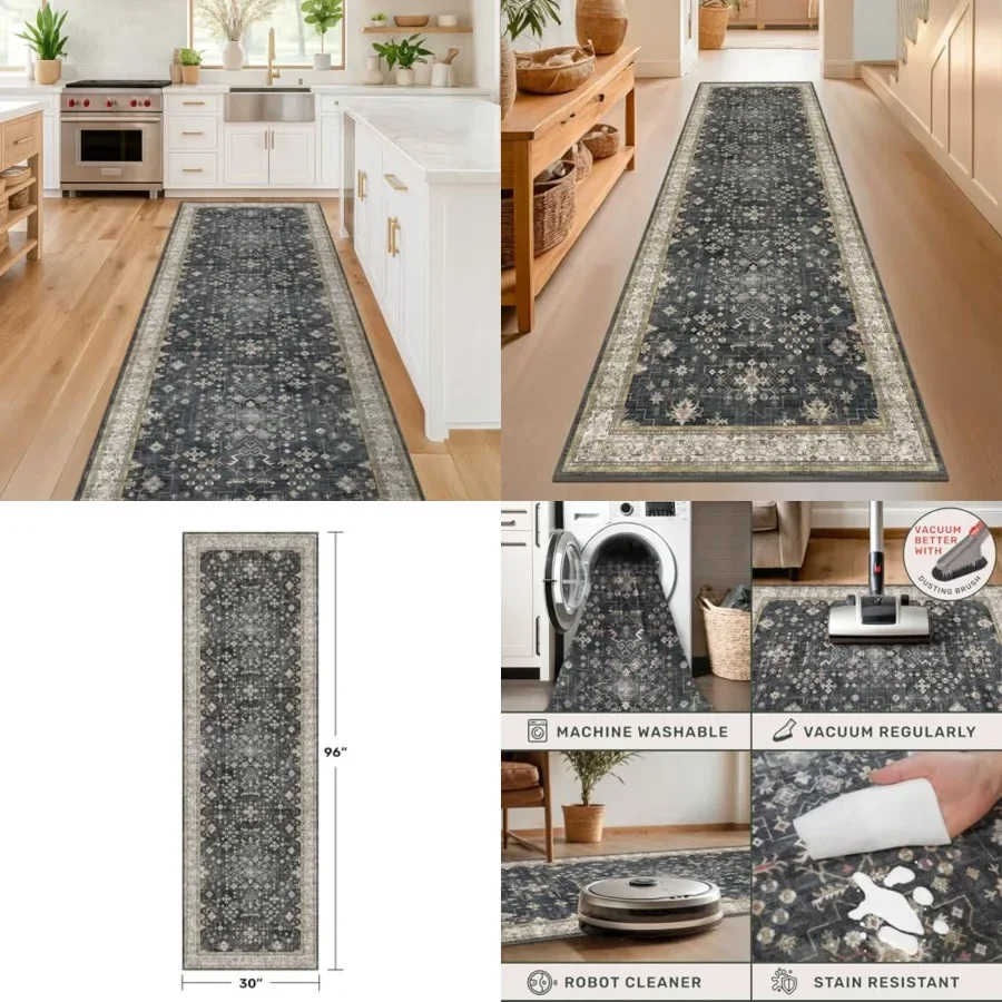 

Dark Washable Long Runners for Hallways, 2'6x8' Wide Kitchen Runner Rug, Entryway Indoor Rug, Non Slip Rubber Backing Boho Vint