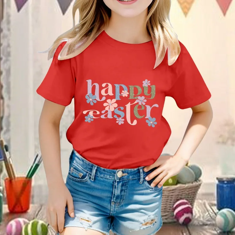 Cute Bunny Print Easter Short Sleeve Children's Top Summer Casual Trend Children's T-shirt Kids Clothes