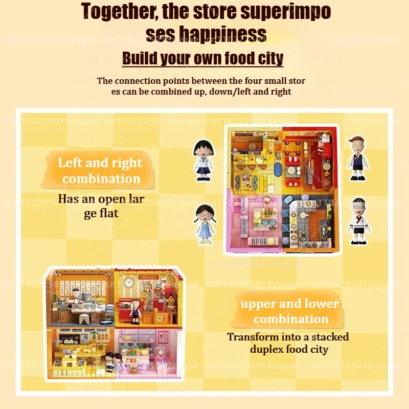 Chibi Maruko-chan Building Blocks Impilabile Casa Burger Shop Sushi House Street Modello Giocattoli educativi Decorazione Regalo di Natale