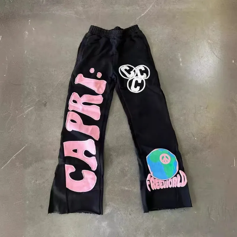 

American high street trend letter print pattern men casual pants goth Harajuku hip hop fashion wide leg pants couple loose pants