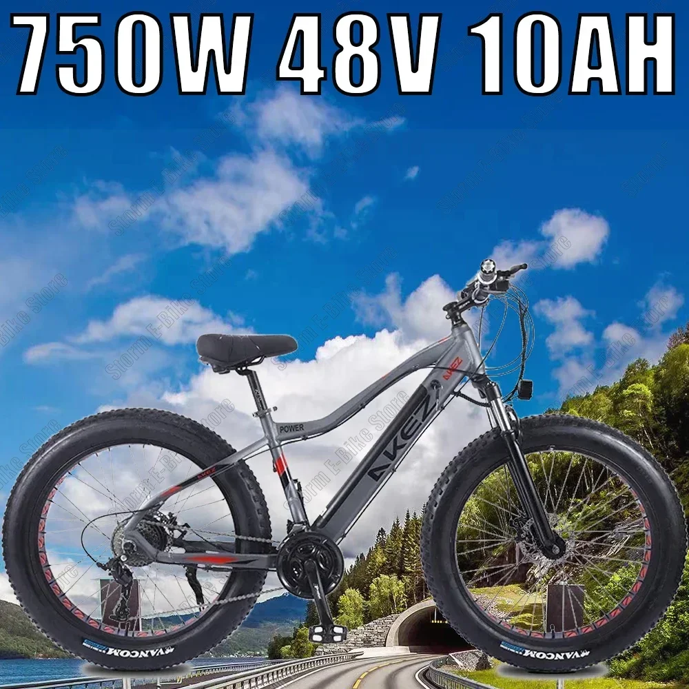 

AKEZ Snow Electric bicycle 26inch Beach Fat Tire Electric bicycle 750W48V10AH Brushless Motor 27-Speed Off-Road Electric bicycle