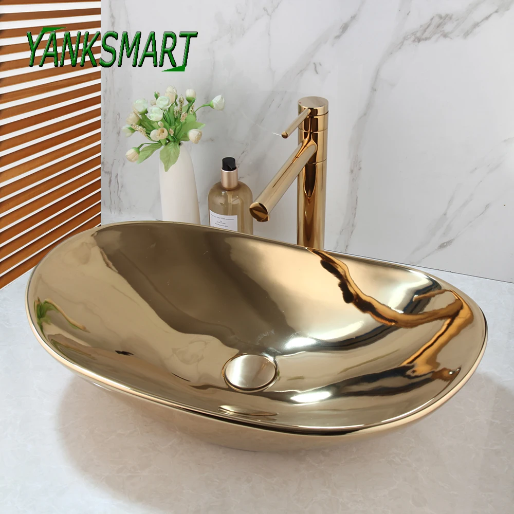 

YANKSMART Luxury Golden Polished Bathroom Ceramic Lavatory Bath Combined Mixer Washbasin Vessel Sink Faucets Set W/ Pop Drain