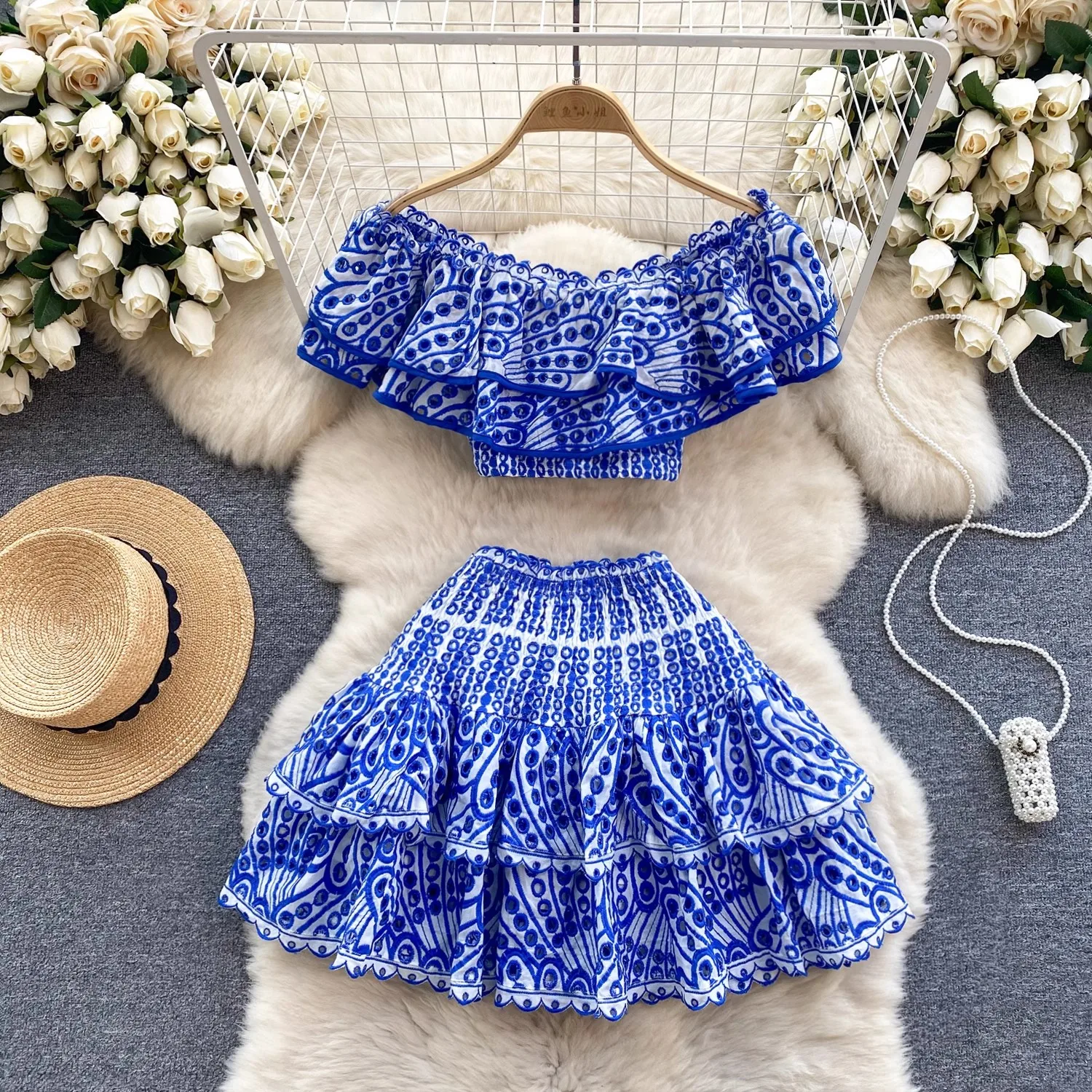 

Elegant Blue Flora Embroidery 2 Piece Sets Women Ruffles Summer Holiday Tops and Skirt Ladies Runway Design Party Sets Clothing