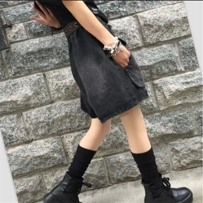 คาวบอยกางเกงขาสั้นขากว้างผู้หญิง Elastic High เอวหลวมกางเกงขาสั้นขากว้าง DENIM ฤดูร้อนหลวมบางกระเป๋ากางเกงป่า