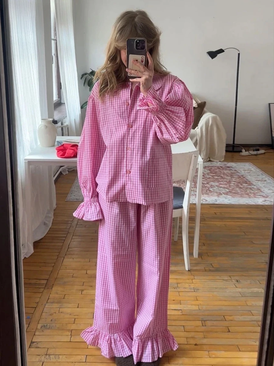 

Женская модная свободная пижама в клетку из хлопка, комплект из 2 предметов: элегантная рубашка с длинным рукавом и широкие брюки с высокой талией, женский комплект