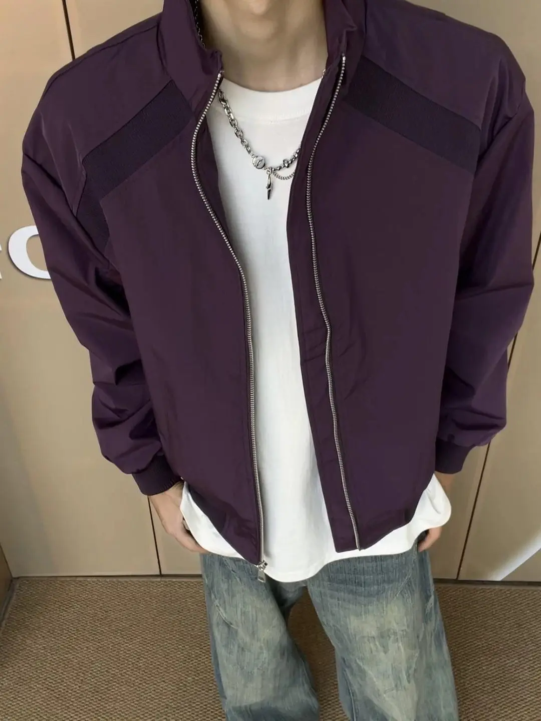 American Style Grey Pilot Jacket Short Baseball Uniform Splicing Design Stand Collar Men's Autumn Fashion Outerwear
