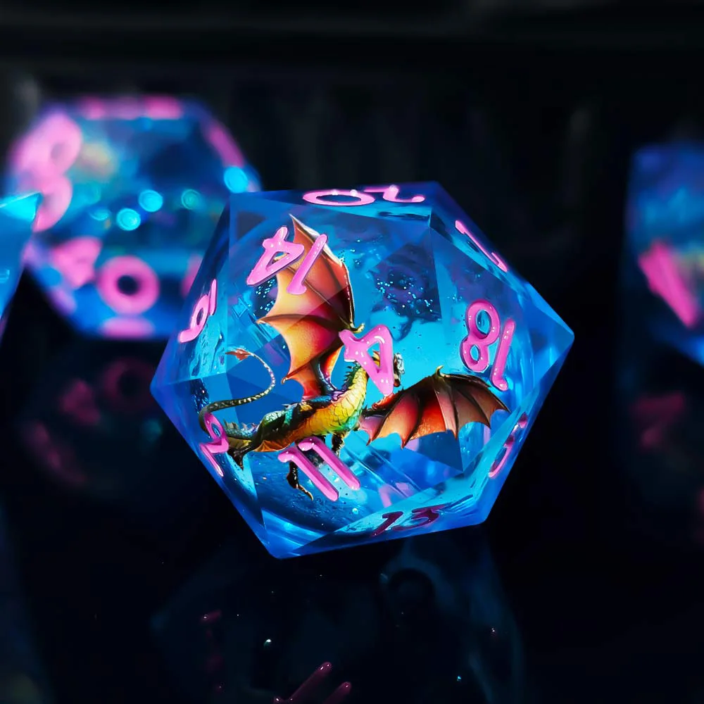 Dragon Liquid Core Dice Set - 7PCS Blue Resin Polyhedral Dice with Moving Dragon, Pink Ink Numbers for DND RPG & Tabletop Games