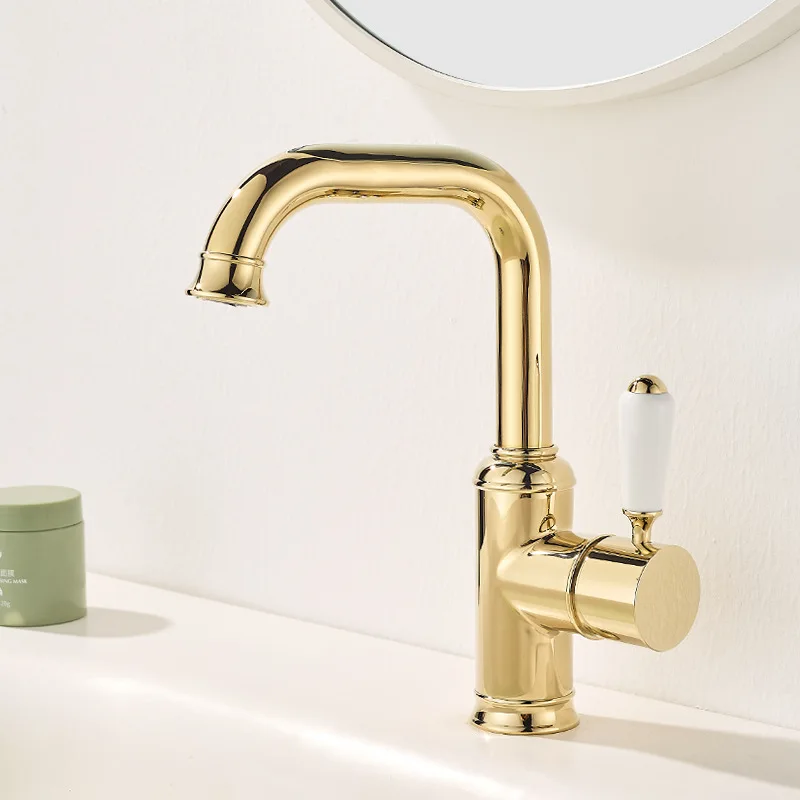 

Basin Faucet with Ceramic Handle Single Hole Hot Cold Water Golden French Style Bathroom Mixer Faucets