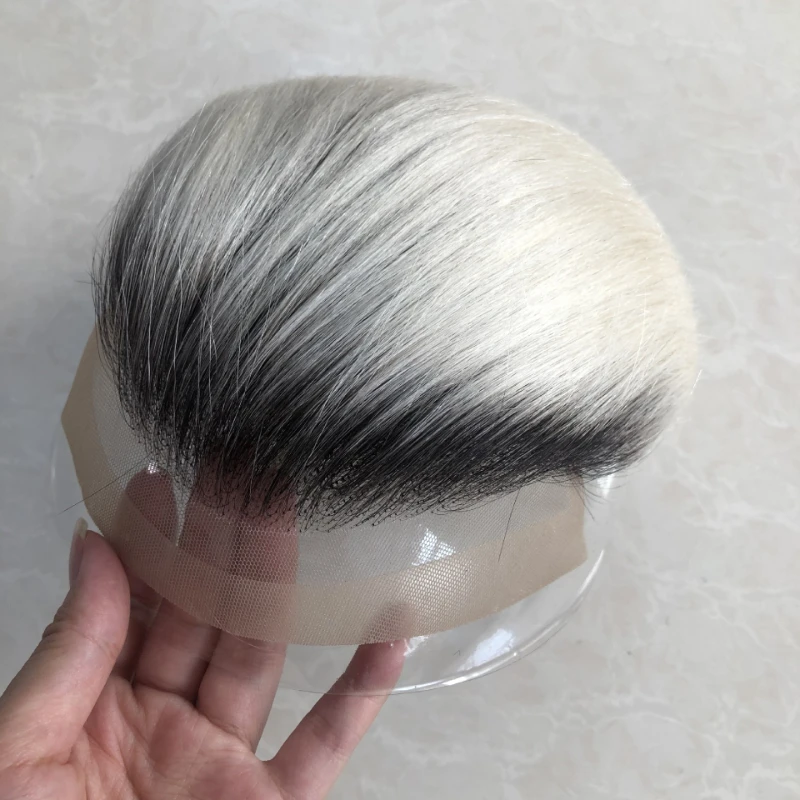 Parrucchino da uomo parrucche con Base in pizzo e Pu capelli biondi sistemi di capelli anteriori in pizzo protesi per capelli maschili T4/613 posticci per capelli da uomo