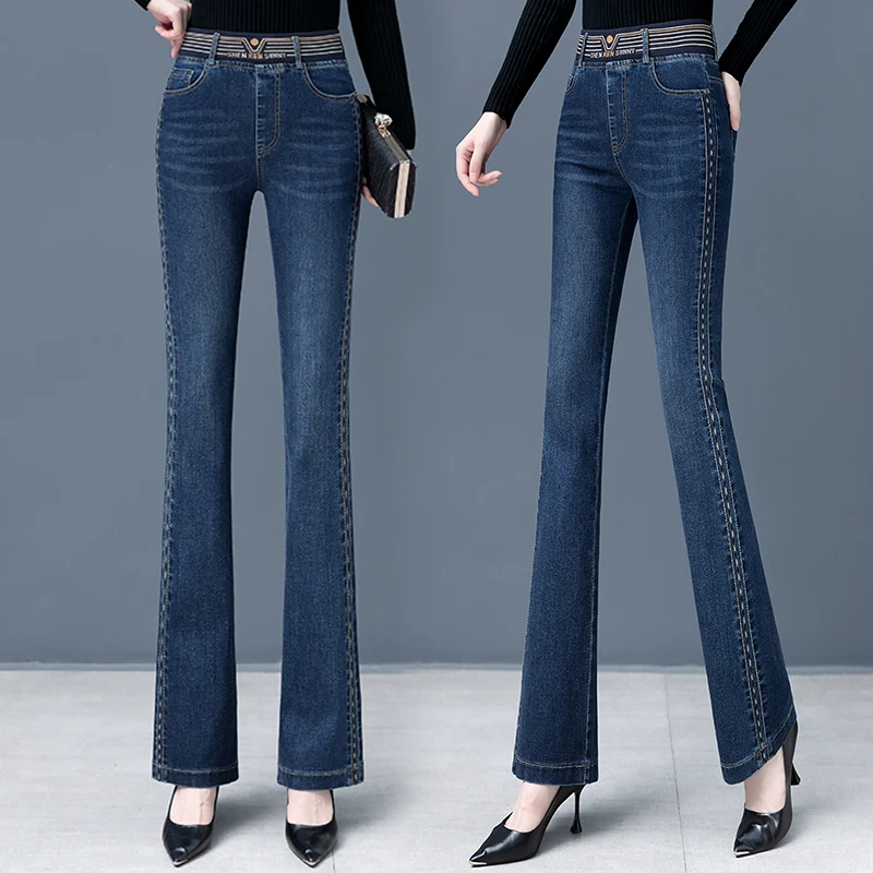 

Женские джинсы-клеш с высокой талией для похудения, весна-осень, новые, эластичные, из хлопкового стрейч-денима, модные, тонкие