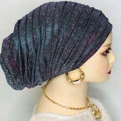 Muslim Headscarf Hat Turbante Mujer African Headpiece Glitter Full Body Pleated Turban Cap for Women 2023 Lady Head Wraps