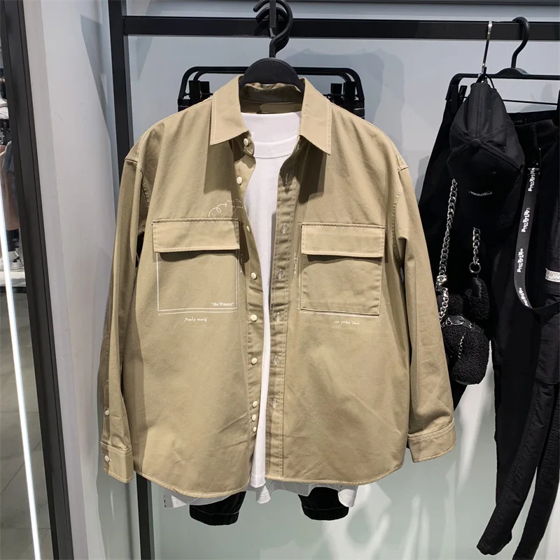 

Faionable Long Sve Loose Fit Khaki Collared irt Youth Trendy Outerwear Autumn Men's Clothing Korean Sle Bird Pink Fa...