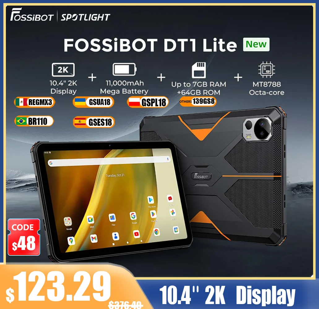 Fossibot DT1 Lite,Android 13 Rugged Tablet 10.4'' 2K-Large Screen, 11000mAh Battery,Four Hi-Res Speakers Pad,4GB RAM 64GB RAM