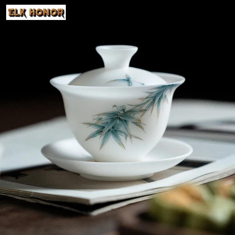 

130ml Master Handamde Ice Seed Jade Porcelain Gaiwan Bamboo Three Talent Tea Tureen Tea Maker Cover Bowl Top Grade Cafes Craft