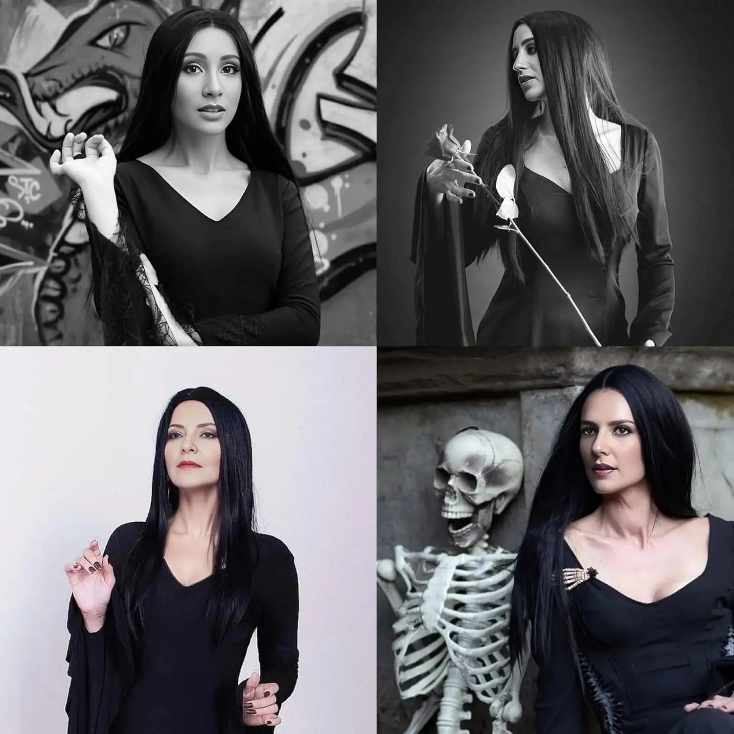 شعر مستعار أسود طويل للنساء ، زي Morticia addams ، زي Cher ، شعر مستعار هالوين ، سحرة حزب 70s
