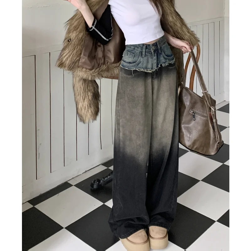 Women Grey Jeans Cargo Pants Streetwear High Waist American Wide Leg Pants Fashion Y2K Style Female Winter Straight Trousers