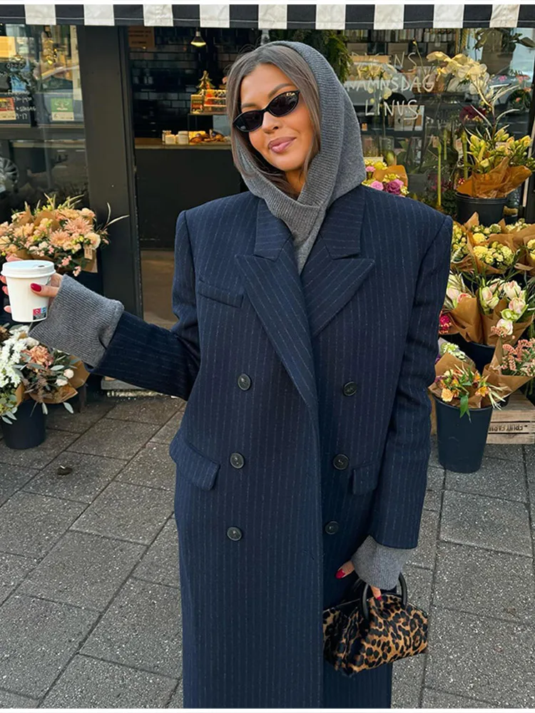 Vintage Gestreiften Revers Lange Blazer Jacken Frauen Chic Schulter Pad Taste Tasche Lose Mantel Herbst Pendeln Straße Tragen 2025 – Detail 19