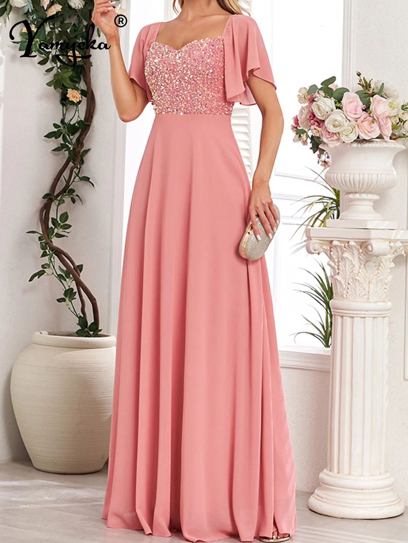 

Сексуальные длинные свадебные вечерние платья, женские роскошные платья для дня рождения для женщин, розовое шифоновое летнее платье макси с блестками, платья