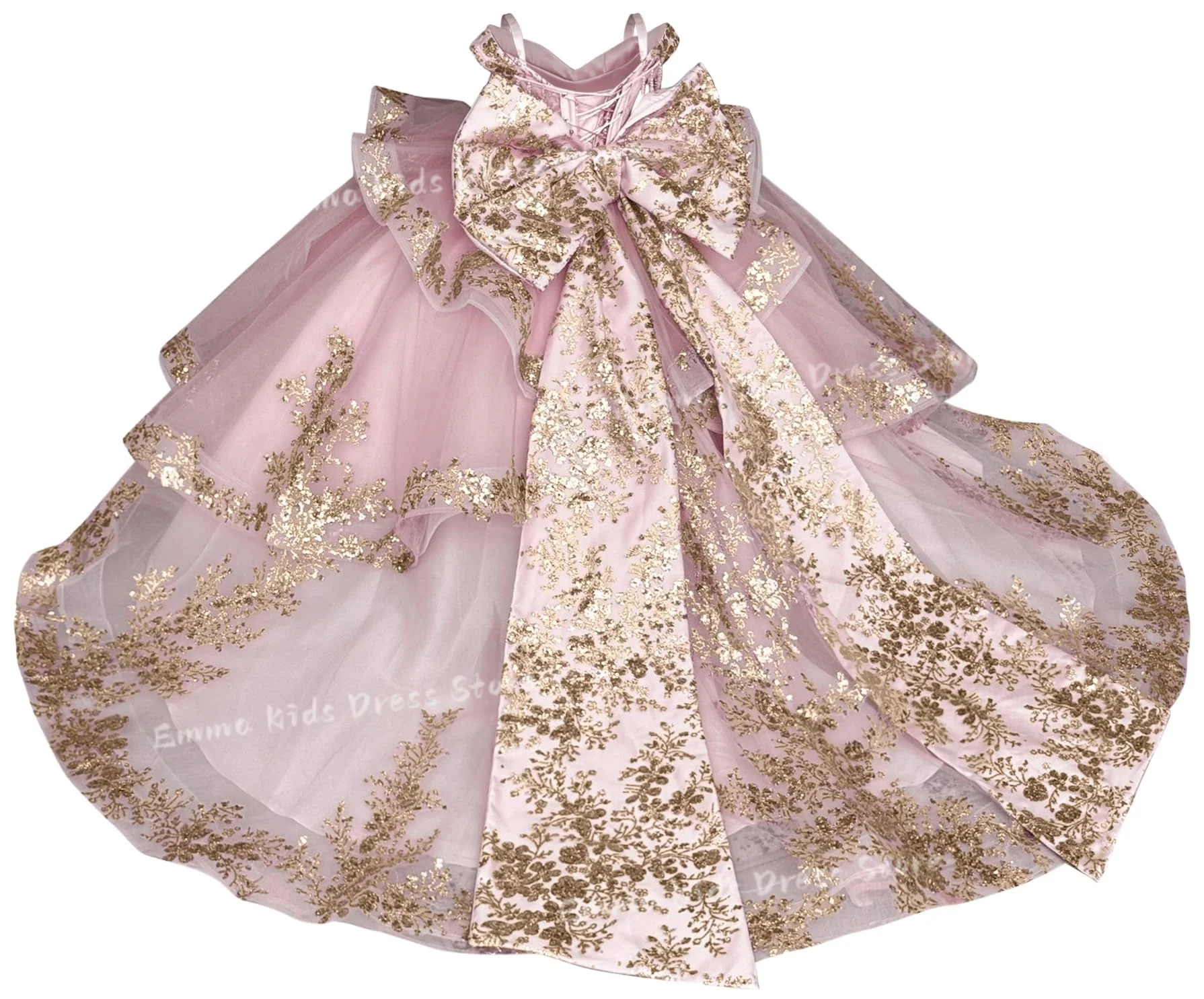 Custom Gold Applique Flower Girl Dress Layered Wedding Dress for Girls with Long Bow Tassel Pageant Dress