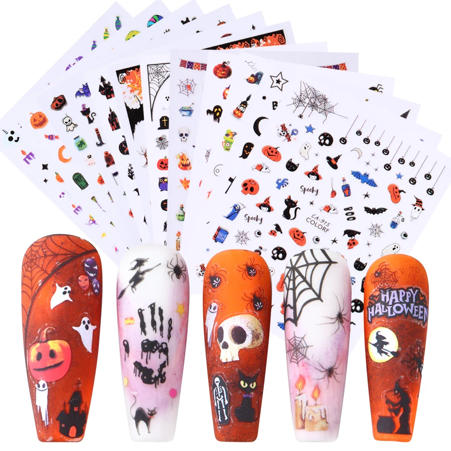 3D Halloween Nail Stickers Ghost Skull Cat Pumpkins Spider Witches Nail Art Sliders Cute Cartoon Designs Adhesive Decals Decor