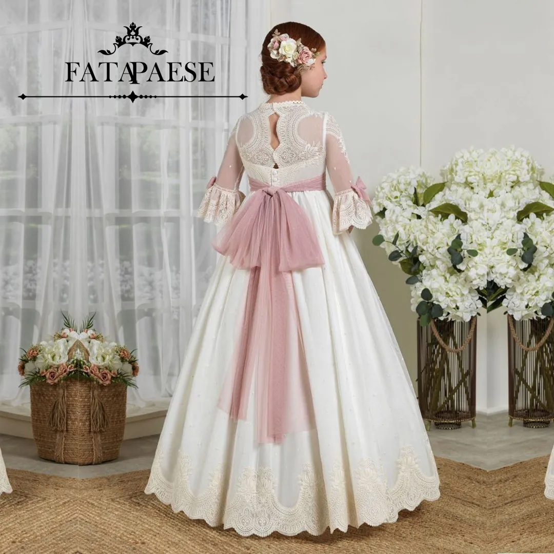 

FATAPAESE Customized Bohemian Fairy Girl Communion Dress Bow Full Lace Floral Sleeve Double Layered Gown MiniBride Flower Dress