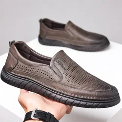 Men's Casual Leather Shoes Summer New Hollow Breathable Loafers for Men Driving Men's Flat Comfort Business Shoes Moccasin Male