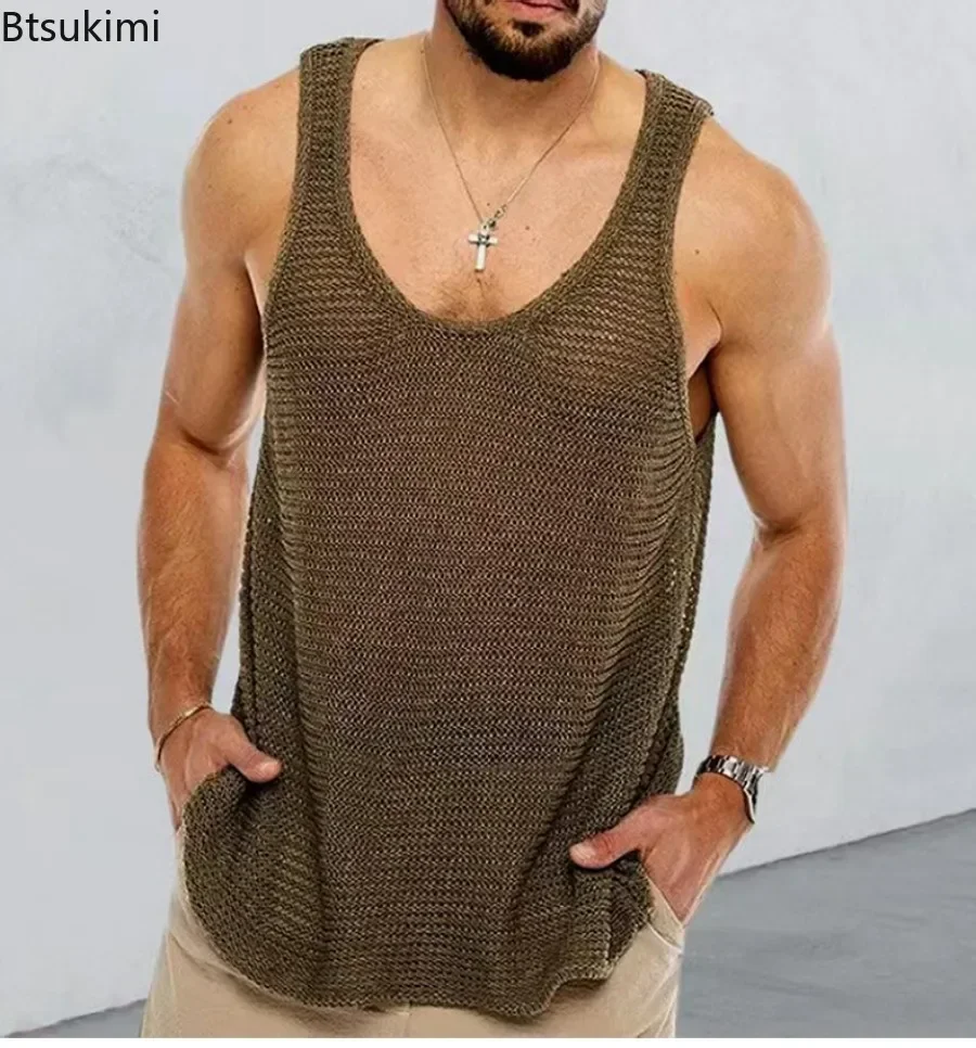 

2025 Summer Casual Vest Men's Loose Crew Neck Sleeveless Knitted Tops Hollow Out Pullover Gym Fitness Muscle Tank Tops Tees Male