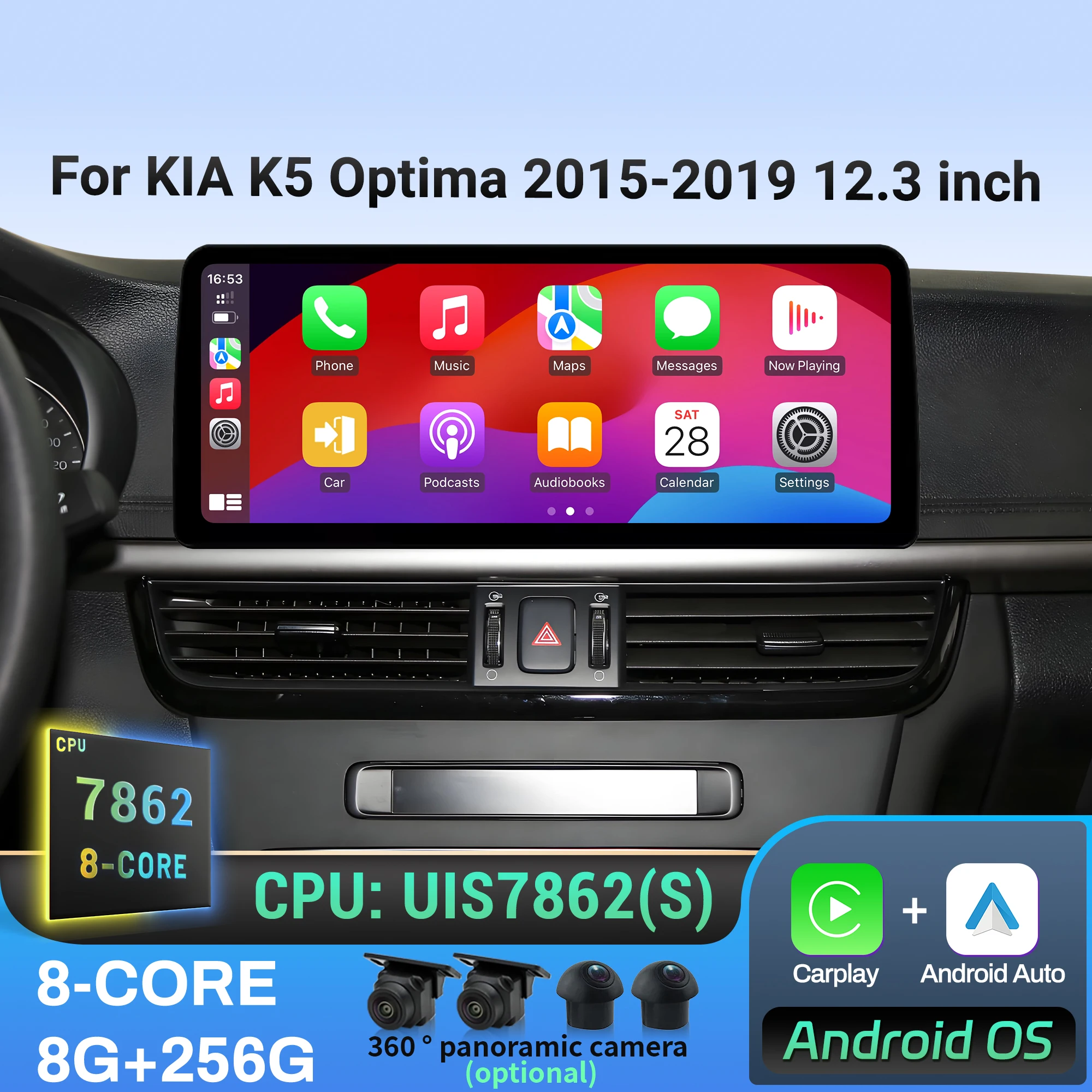 12,3-дюймовый для KIA K5 Optima 2015 2016 2017 2018 2019 Автомобильный радиоприемник Беспроводной BT CarPlay Android 14 4G GPS Мультимедийный экран головного устройства