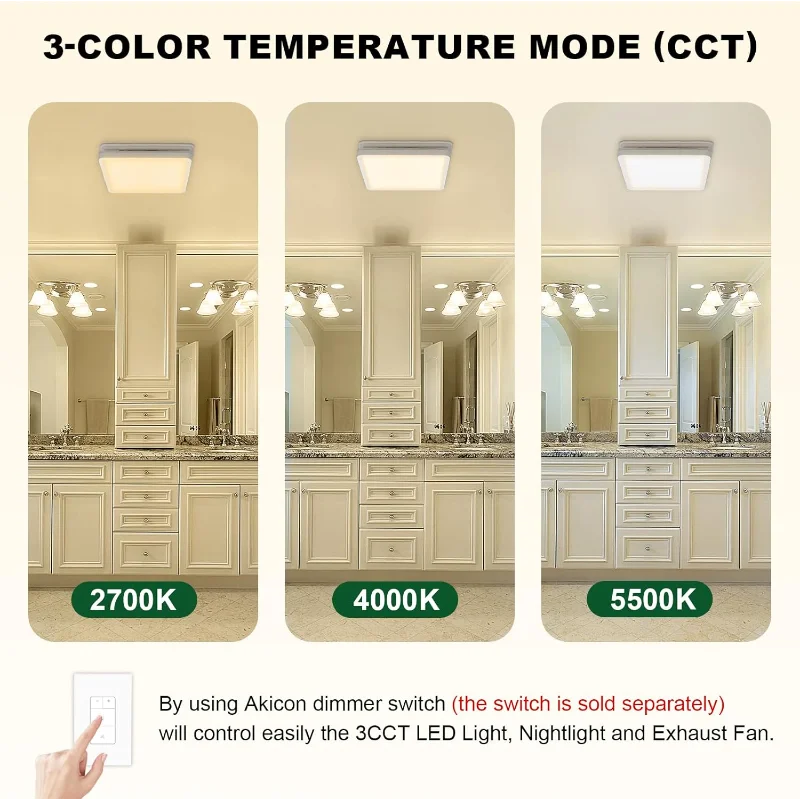 مروحة عادم الحمام Akicon مع ضوء، مروحة عادم 80CFM 2.0 لسقف الحمام، أضواء دش LED 3CCT قابلة للتعتيم بقدرة 15 وات