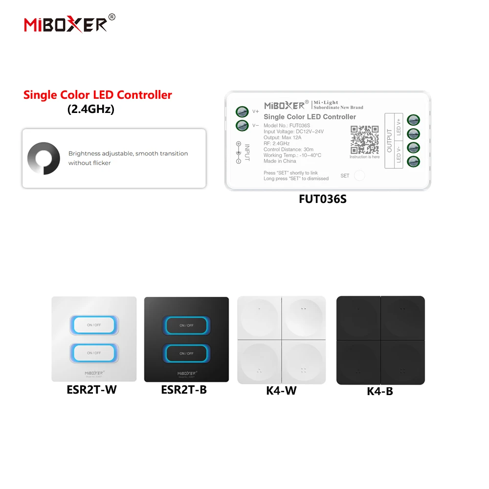 MiBoxer DC12~24V FUT036S+ESR2T/K4 2,4GHz RF Drahtloser Einfarbiger 12A/Kanal LED-Controller für Einfarbige COB/LED-Streifenbeleuchtung