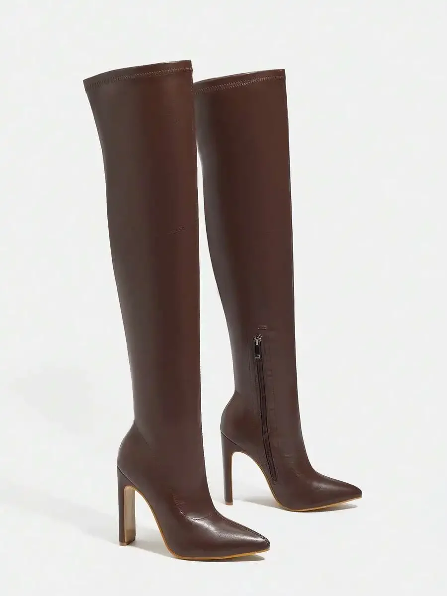 

Brown Over The Knee Boots Pointed Toe Stiletto Heel Stretch Shaft Side Zipper Faux Leather