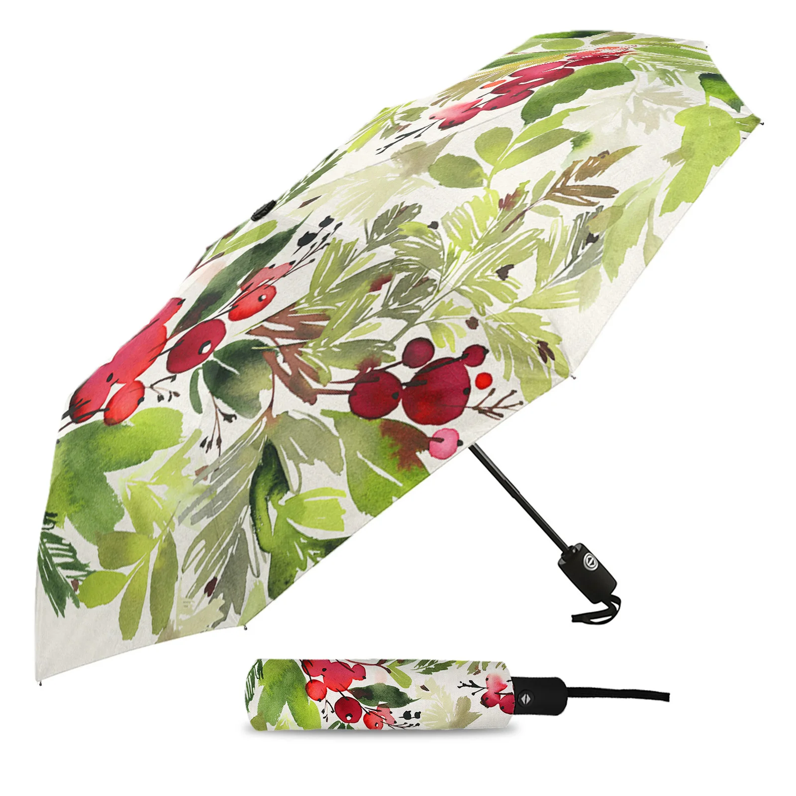 Pine Leaves Red Pine Cones Texture Automatic Umbrella Travel Folding Umbrella Portable Parasol Windproof Umbrellas