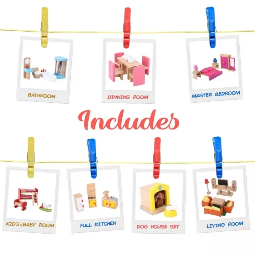Neues Upgrade Premium-Puppenhausmöbel-Set aus Holz – 49 Stück, 7 Zimmer – Puppenhaus-Möbel- und Zubehör-Set, heißer Verkauf!