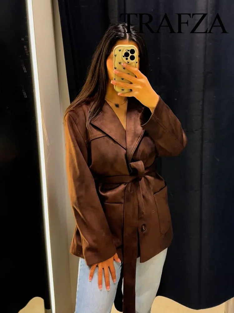 

TRAFZA Women's Autumn Fashion Coats Solid Turn-Down Collar Long Sleeves Pockets Belt Single-Breasted Female Casual Loose Jacket