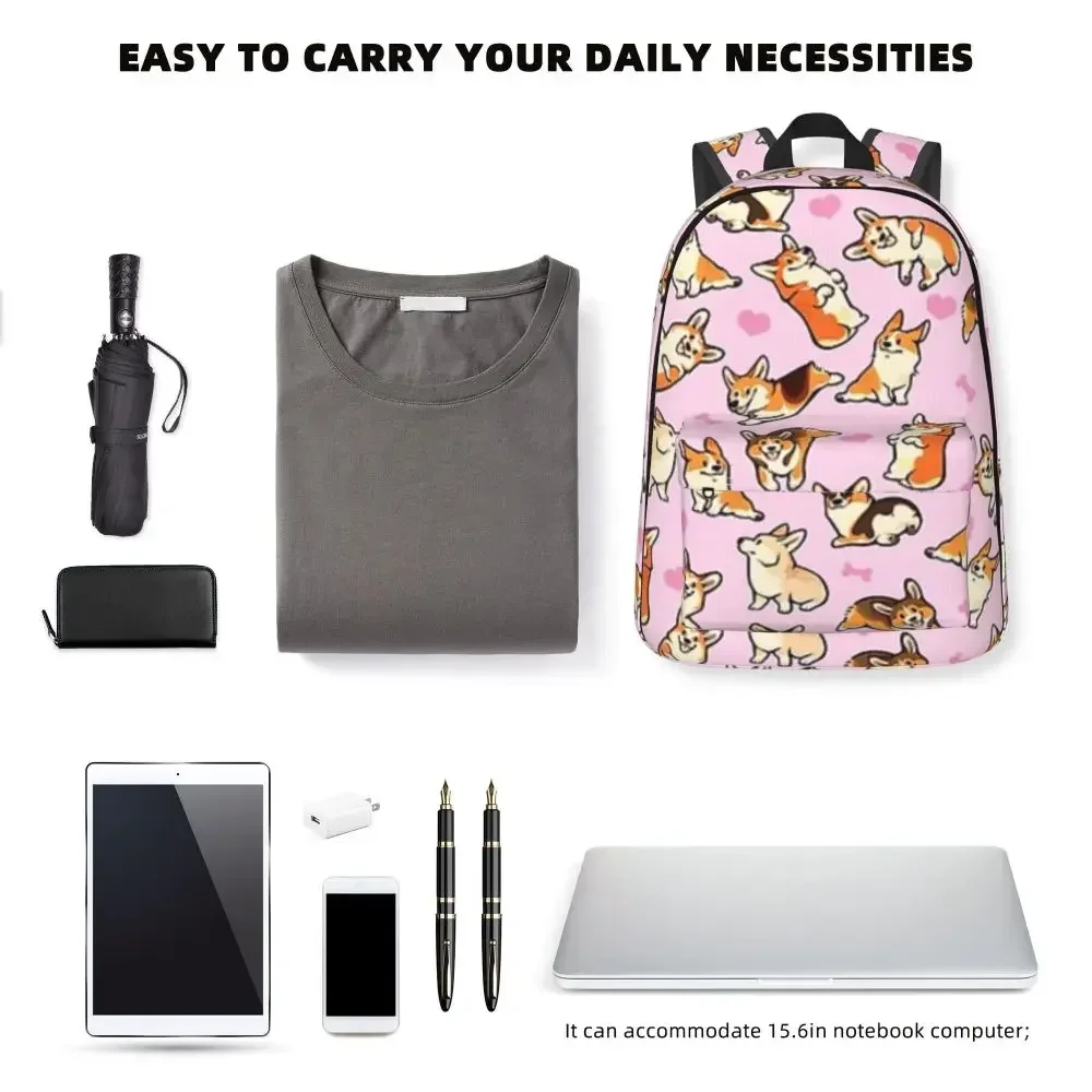 حقيبة ظهر Lovey Corgis باللون الوردي مقاومة للماء حقيبة مدرسية للطلاب حقيبة كمبيوتر محمول حقيبة ظهر للسفر حقيبة كتب ذات سعة كبيرة