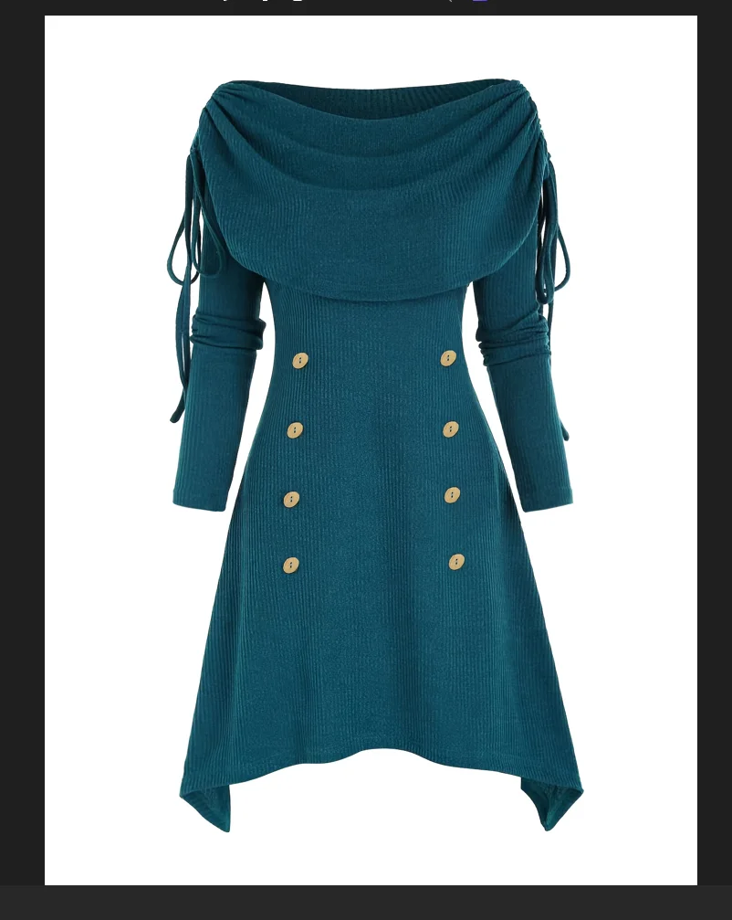 European and American Fashion Casual Women\'s Solid Color Ruffled Lapel Button Decoration Irregular Knitting Plus Size Dress Wome