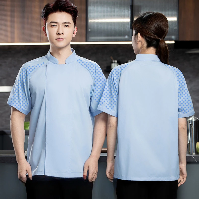 Veste de Chef unisexe en maille respirante, manches courtes, bleu ciel, Service alimentaire, chemise de cuisinier de cuisine, uniforme de serveur