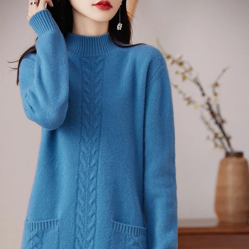 

Pop Half Turtleneck 100% Pure Wool Knitted Dress Women's New Autumn Design Sense Sweater Dress Loose Cashmere Skirt