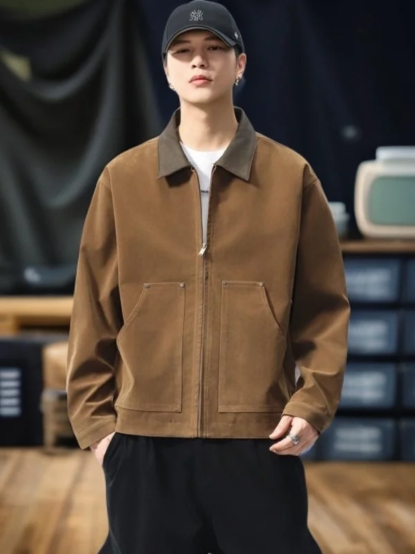 

Retro Brown Jaet Outerwear Loose Casual Contrast Color Splicing Lapel Workwear New Autumn High Gloss Nubu Leather