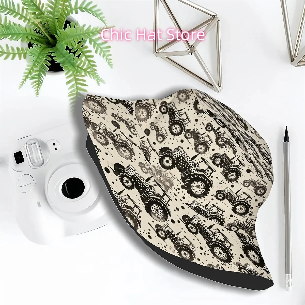 1pc Vintage Tractor Pattern Farm Vehicle Print Unisex Printed Fisherman Bucket Hat, Dual-Layer, Stylish for Outdoor Vacation Gol