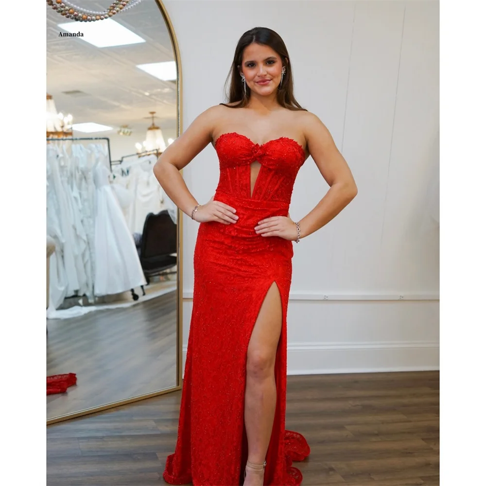 

Amanda индивидуальные красные длинные платья для выпускного вечера с высоким разрезом и шлейфом без бретелек, платья de noche, без рукавов, торжественное вечернее платье 2025